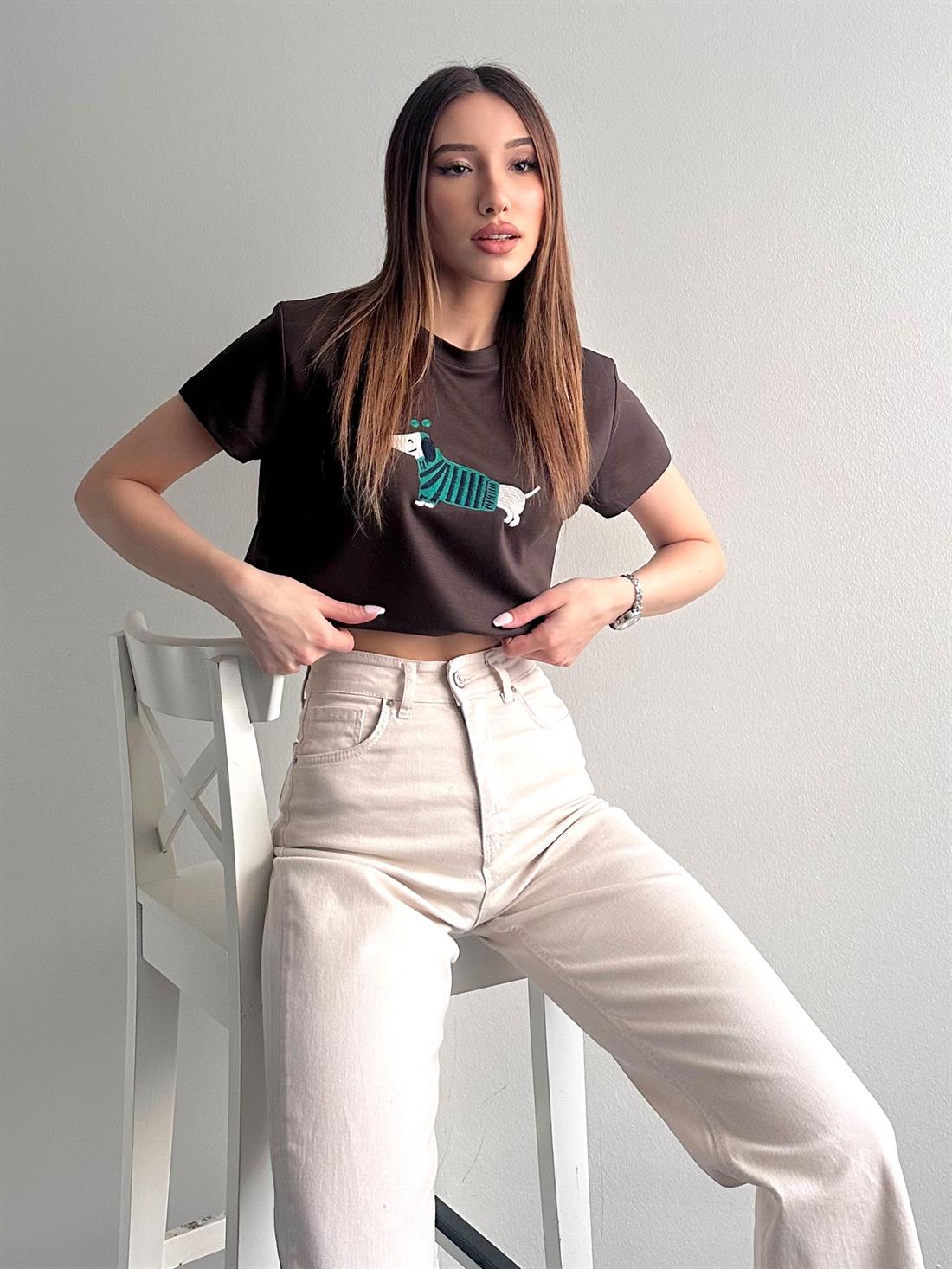 Köpek Baskılı Tshırt KAHVERENGİ