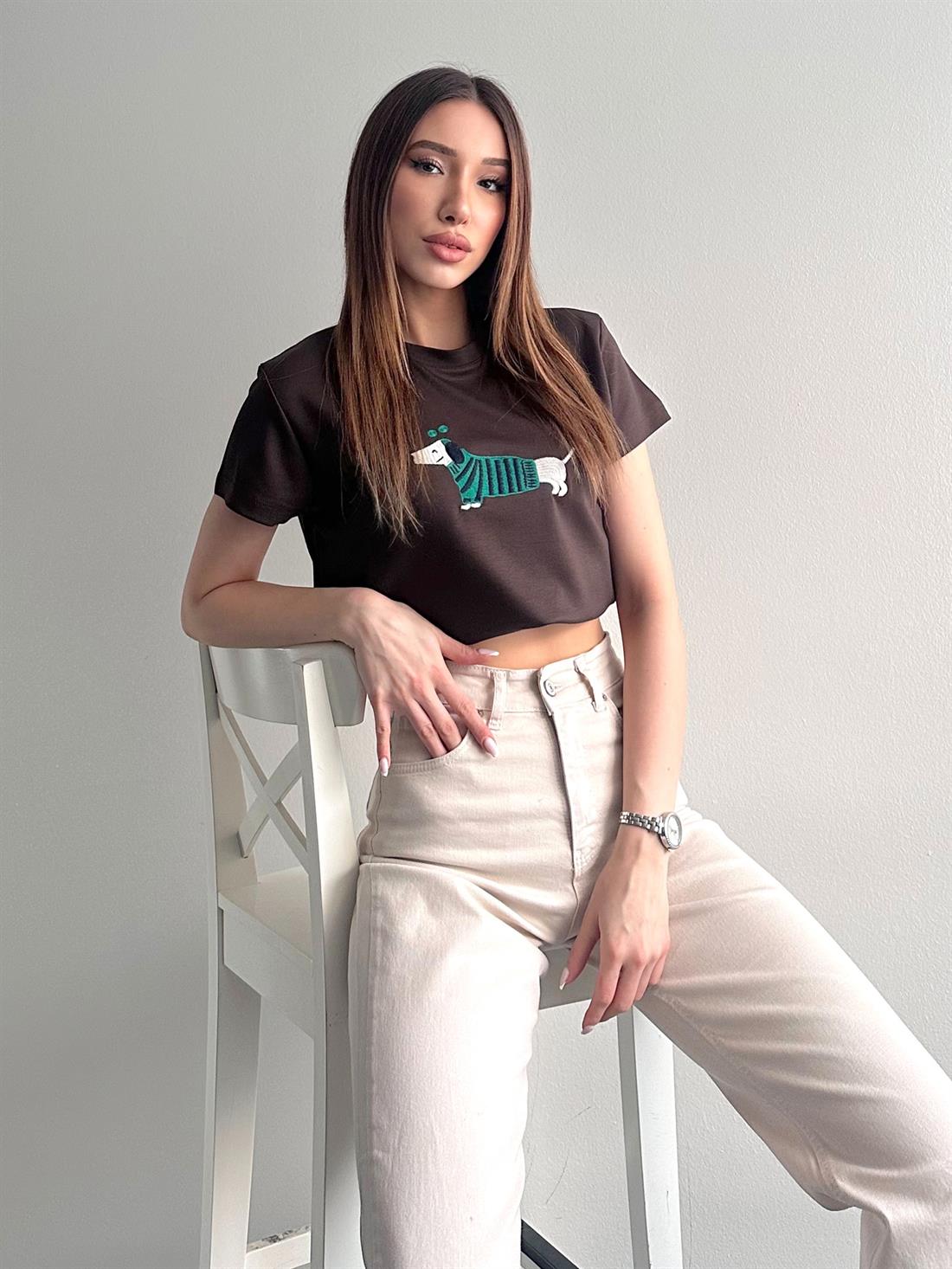 Köpek Baskılı Tshırt KAHVERENGİ