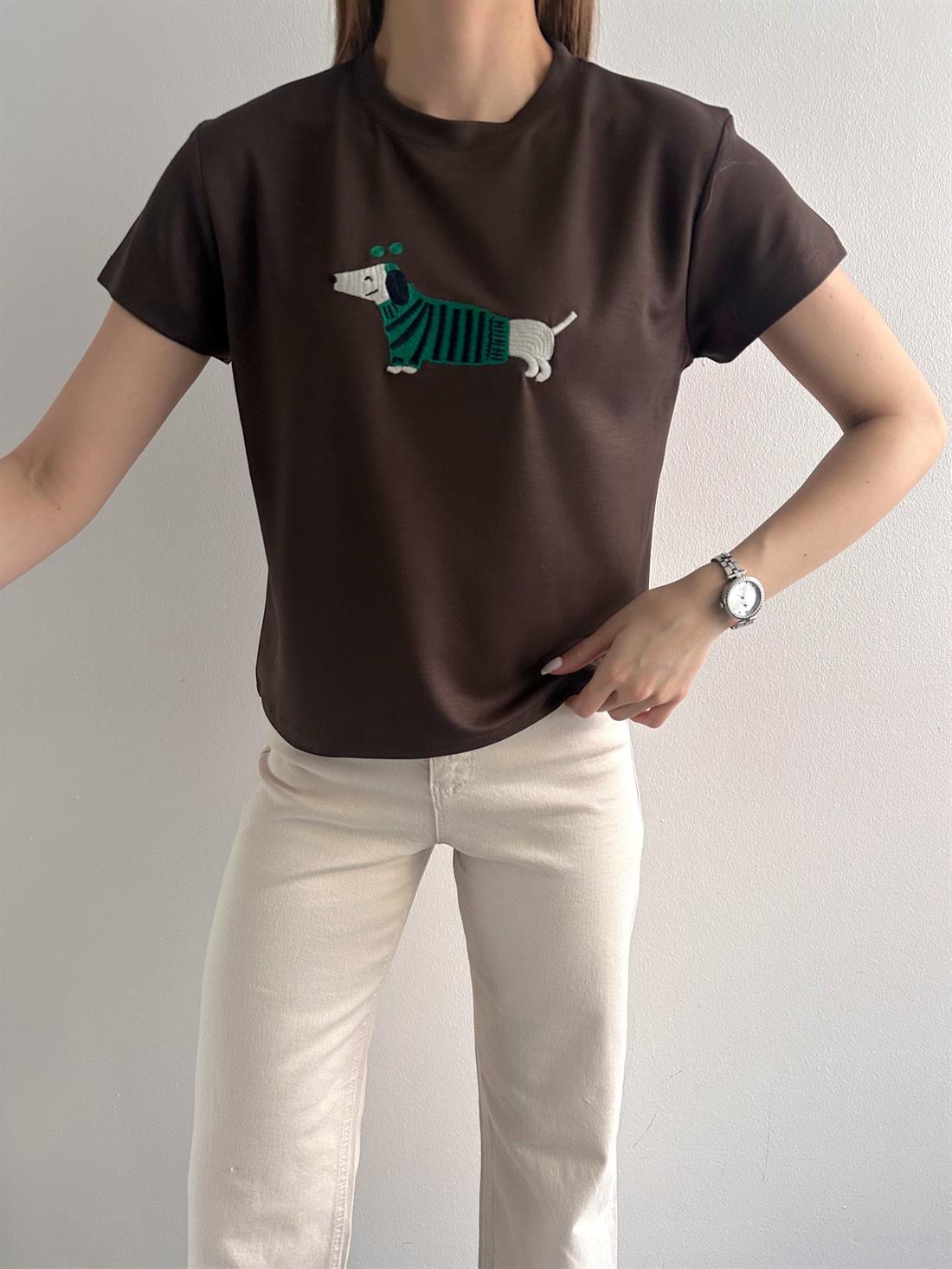 Köpek Baskılı Tshırt KAHVERENGİ