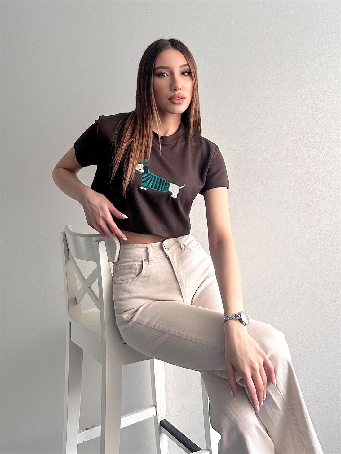 Köpek Baskılı Tshırt KAHVERENGİ