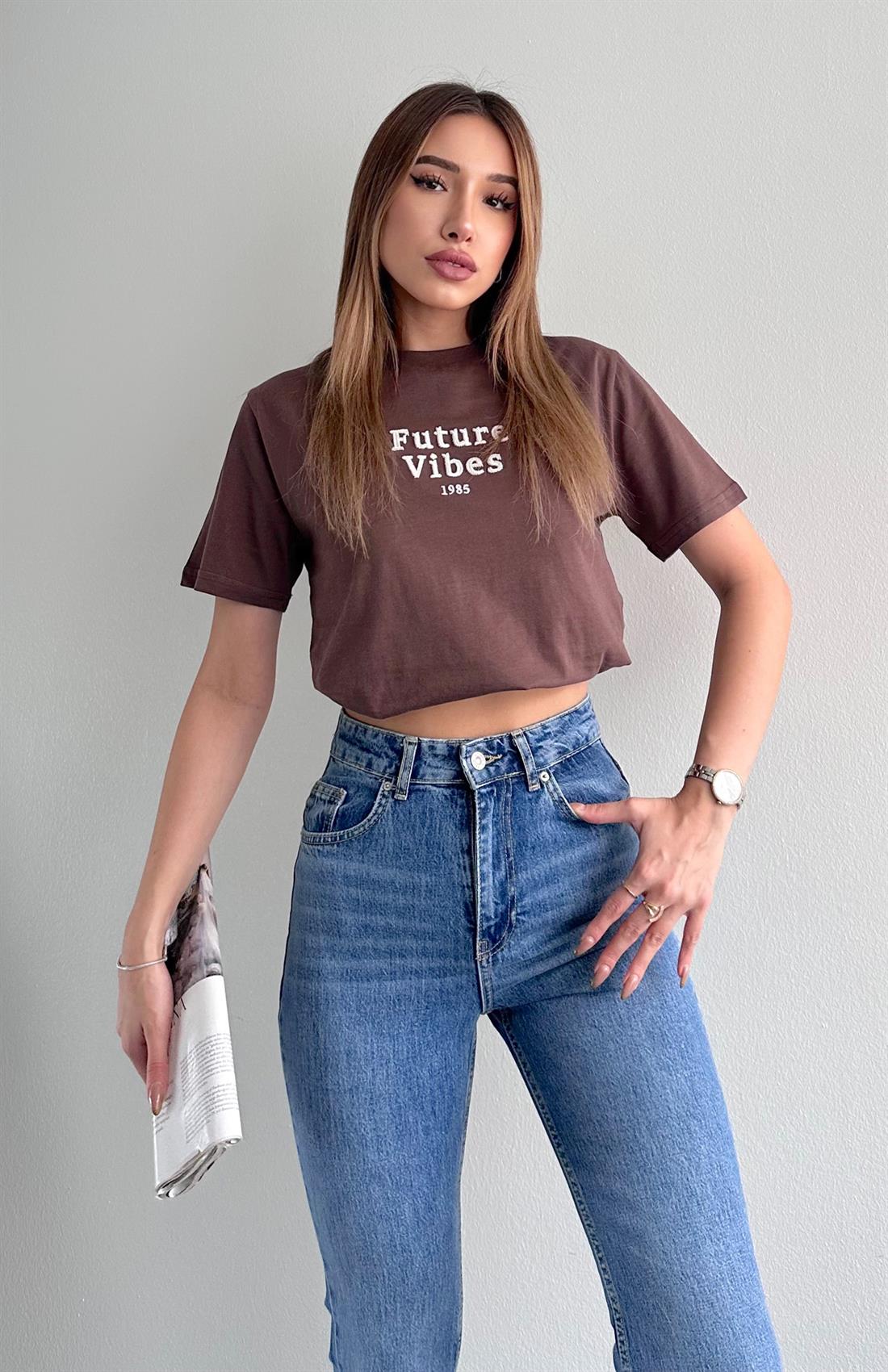 Nakiş Detaylı Tshırt KAHVERENGİ