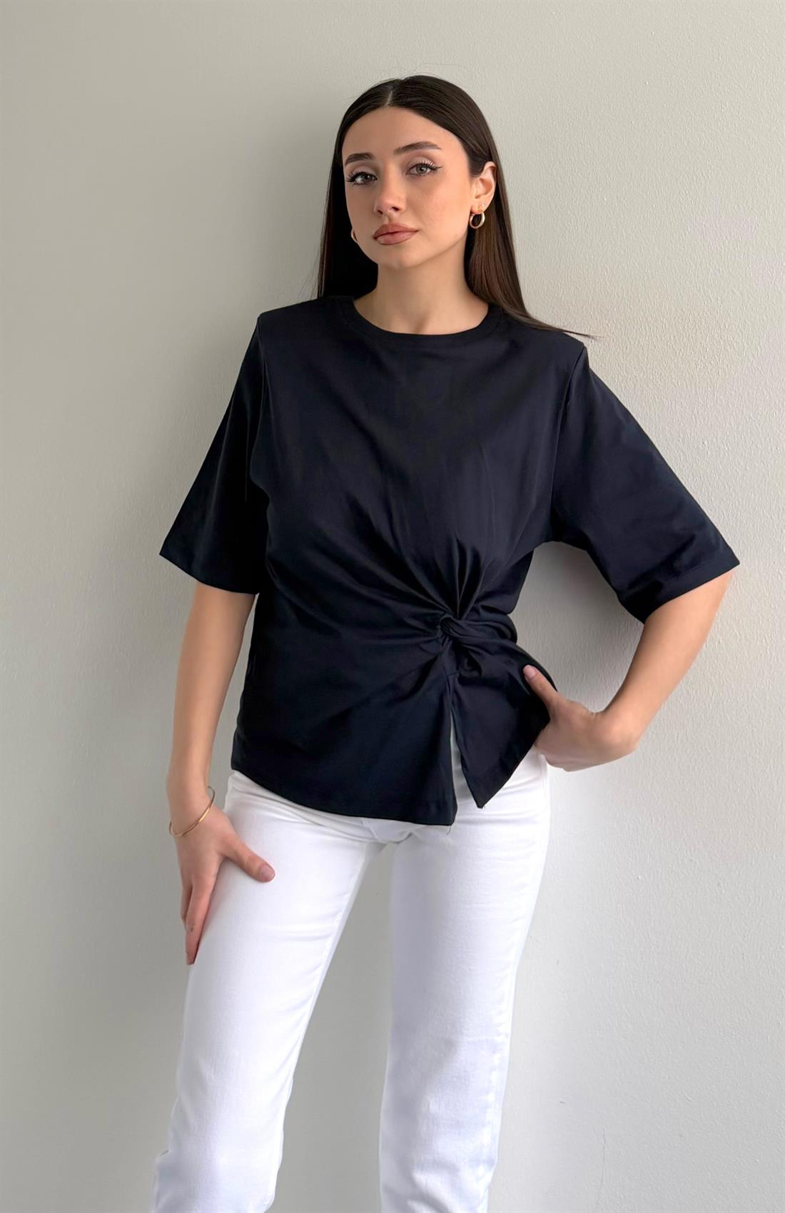 Omzu Vatkalı Yanı Düğümlü T-shirt LACİVERT