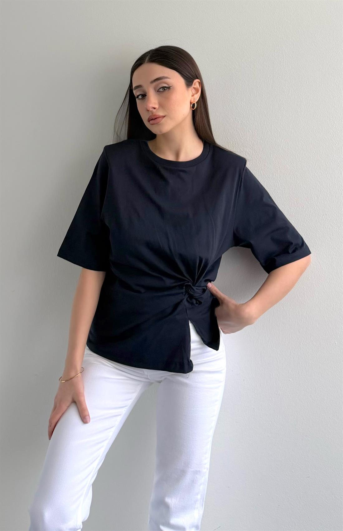 Omzu Vatkalı Yanı Düğümlü T-shirt LACİVERT
