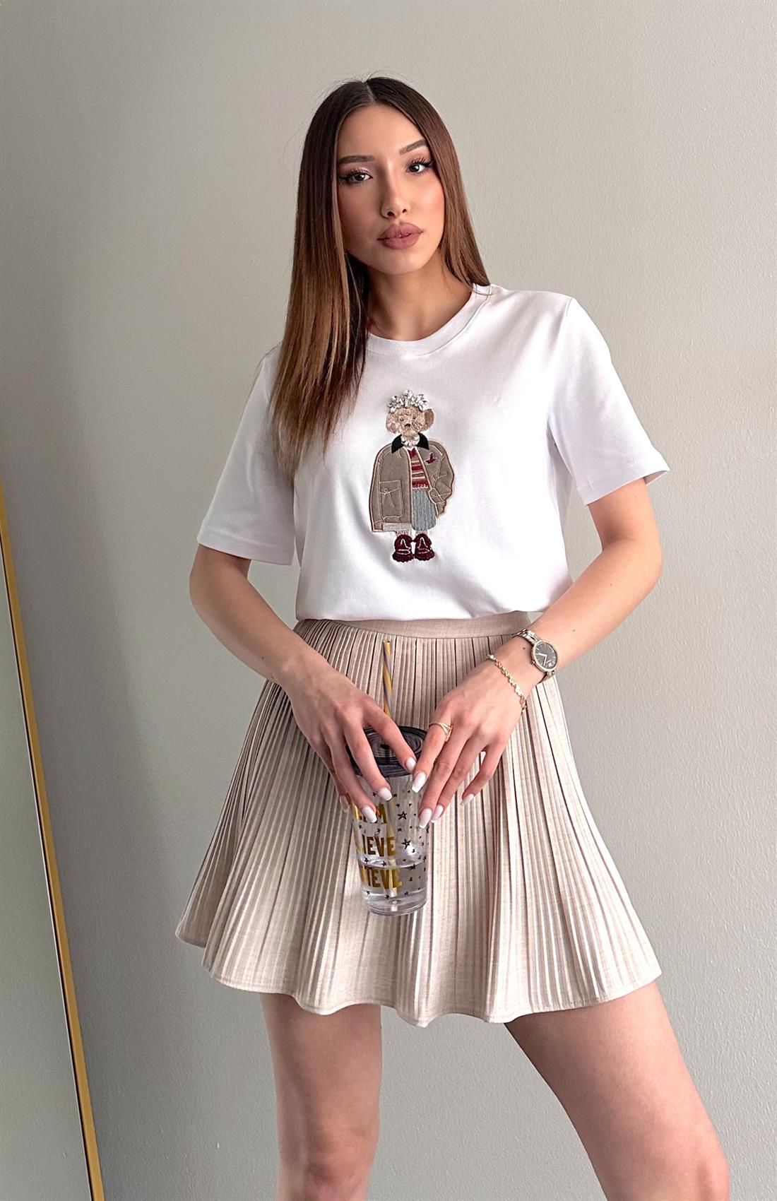 Ön Nakiş Ve Taş Tshırt EKRU