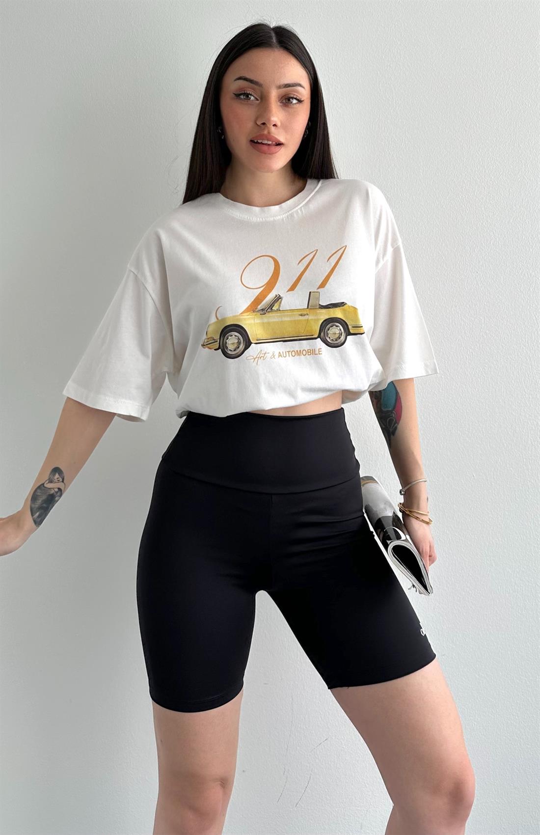 Otomobil Baskılı Tshırt KREM