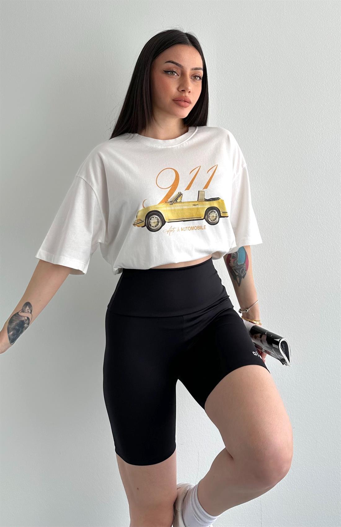 Otomobil Baskılı Tshırt KREM