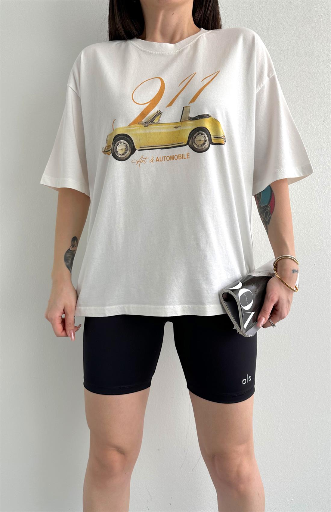 Otomobil Baskılı Tshırt KREM