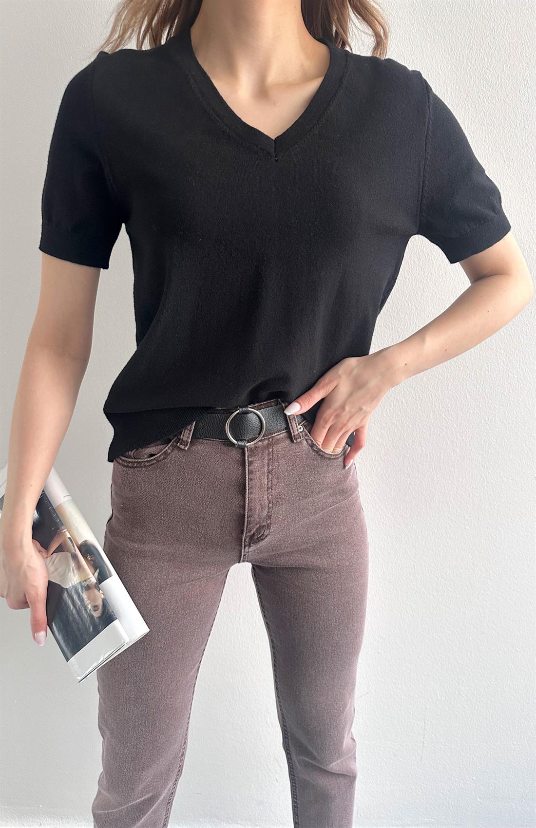 V Yaka Basic Elitli Kısa Kol Kazak SİYAH