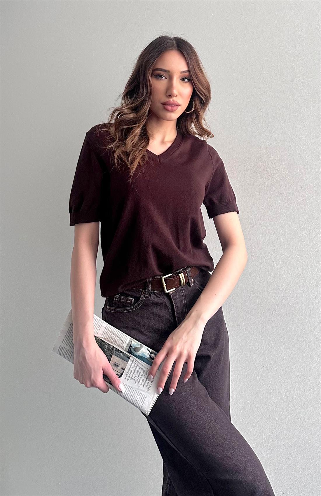 V Yaka Basic Elitli Kısa Kol Kazak KAHVERENGİ