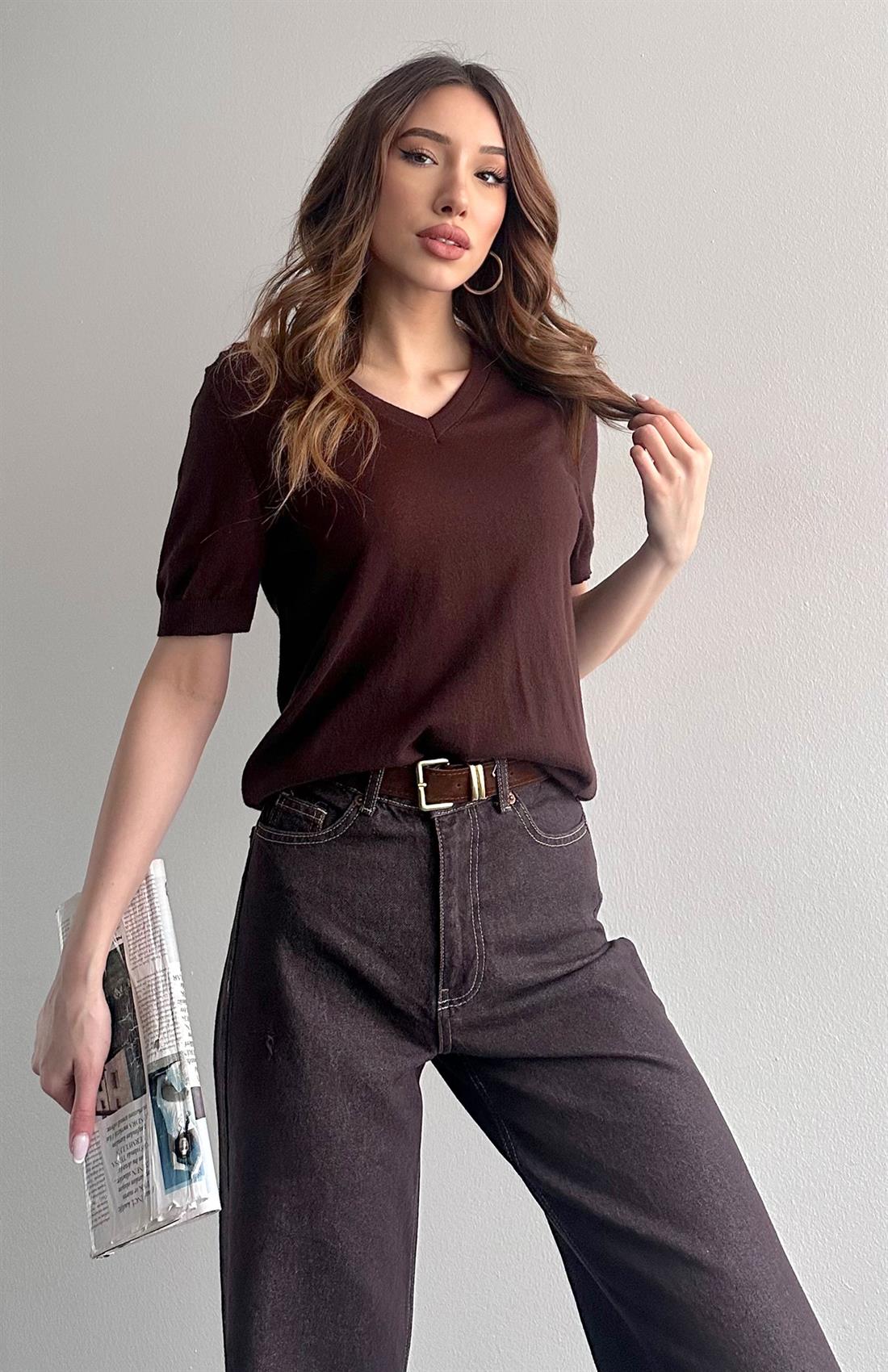 V Yaka Basic Elitli Kısa Kol Kazak KAHVERENGİ