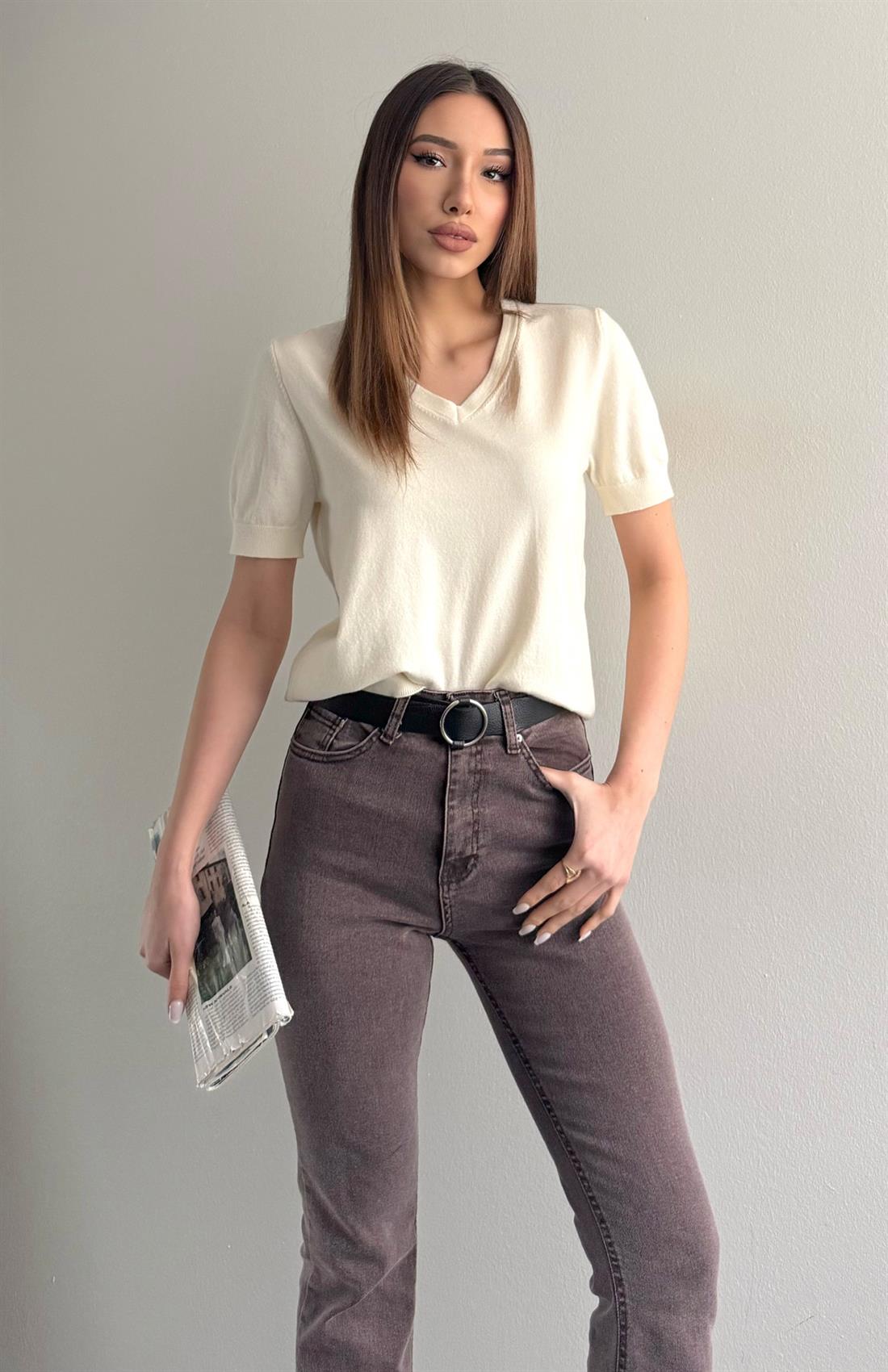 V Yaka Basic Elitli Kısa Kol Kazak EKRU