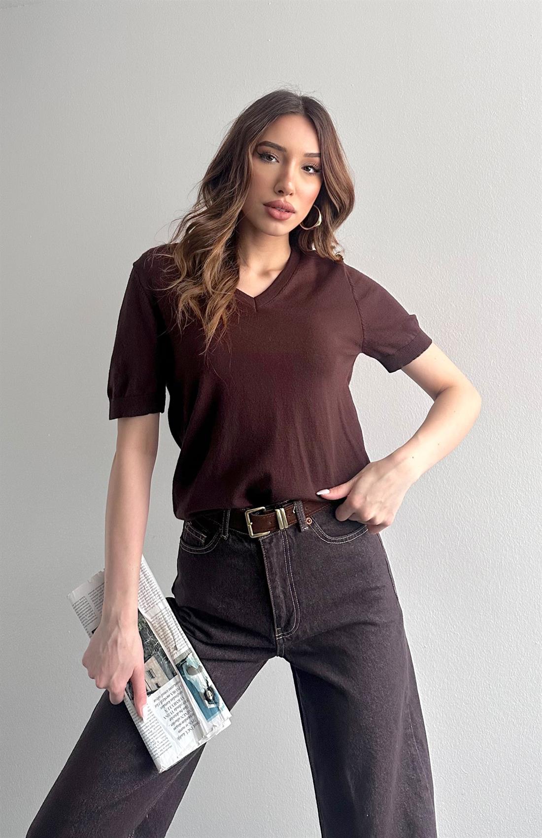 V Yaka Basic Elitli Kısa Kol Kazak KAHVERENGİ