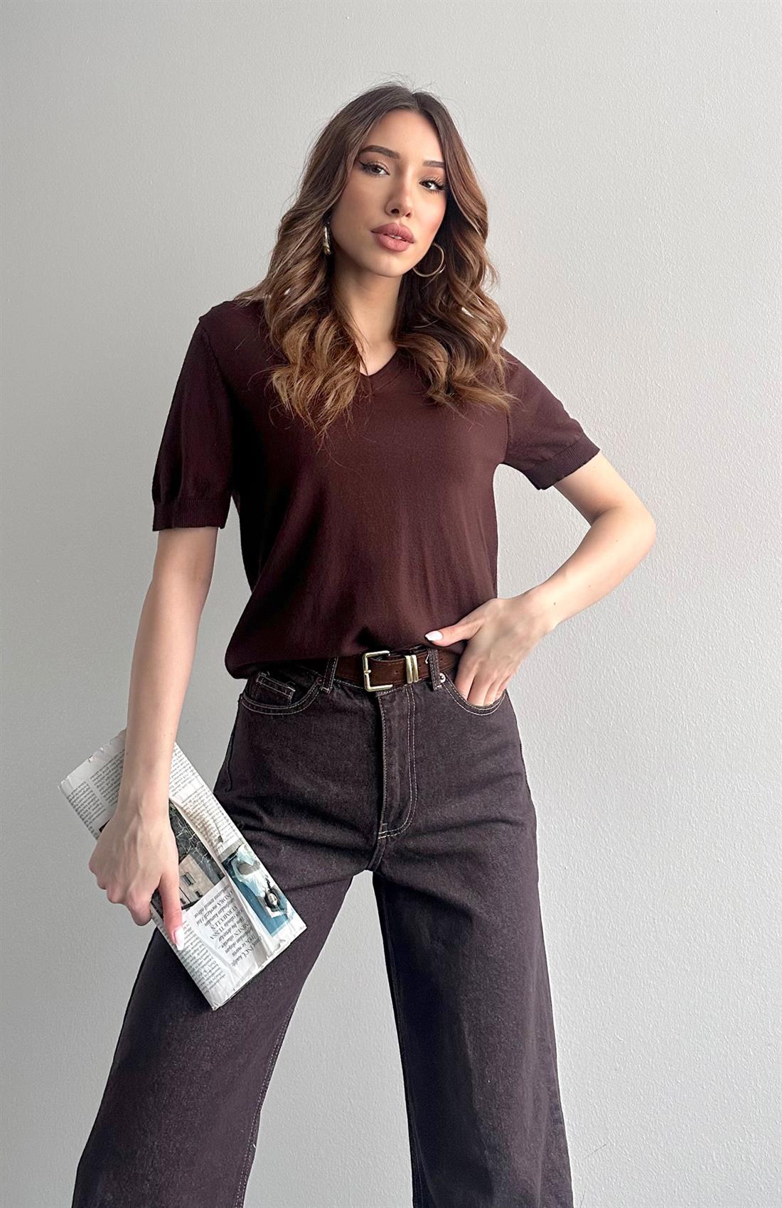 V Yaka Basic Elitli Kısa Kol Kazak KAHVERENGİ