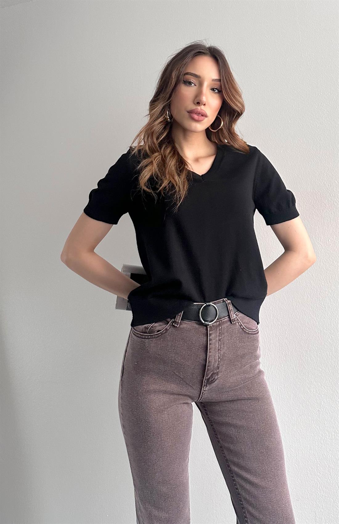 V Yaka Basic Elitli Kısa Kol Kazak SİYAH