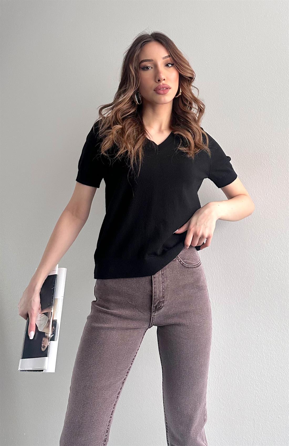 V Yaka Basic Elitli Kısa Kol Kazak SİYAH