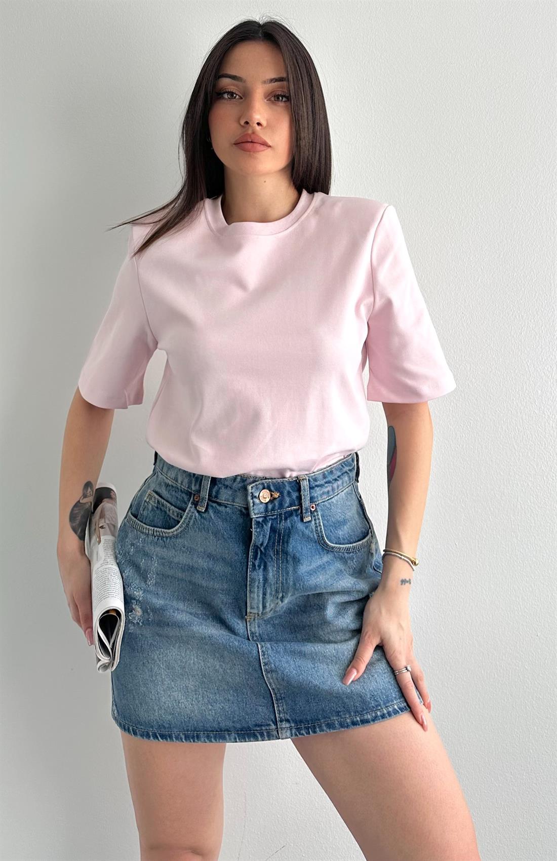 Vatkalı Kısa Kol Tshırt ŞEKER PEMBE