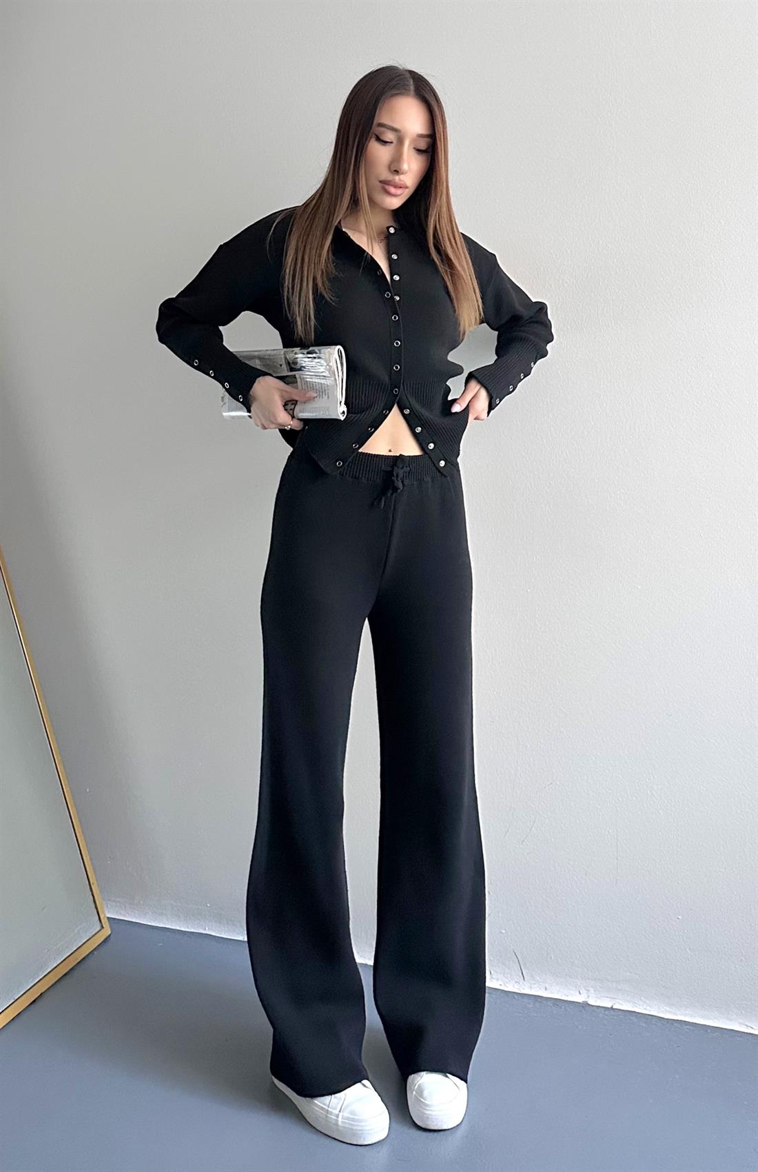 Çıtçıtlı Slim Kesim Pantolonlu Triko Takım SİYAH