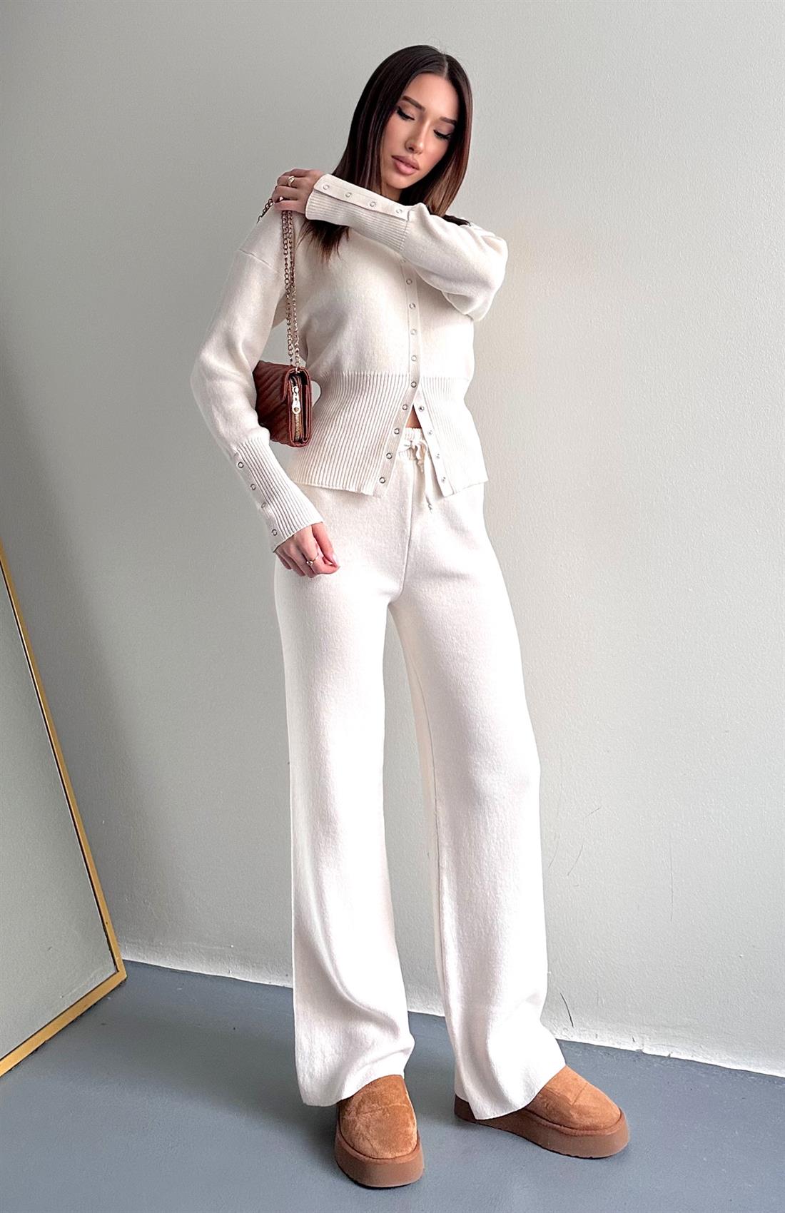 Çıtçıtlı Slim Kesim Pantolonlu Triko Takım EKRU