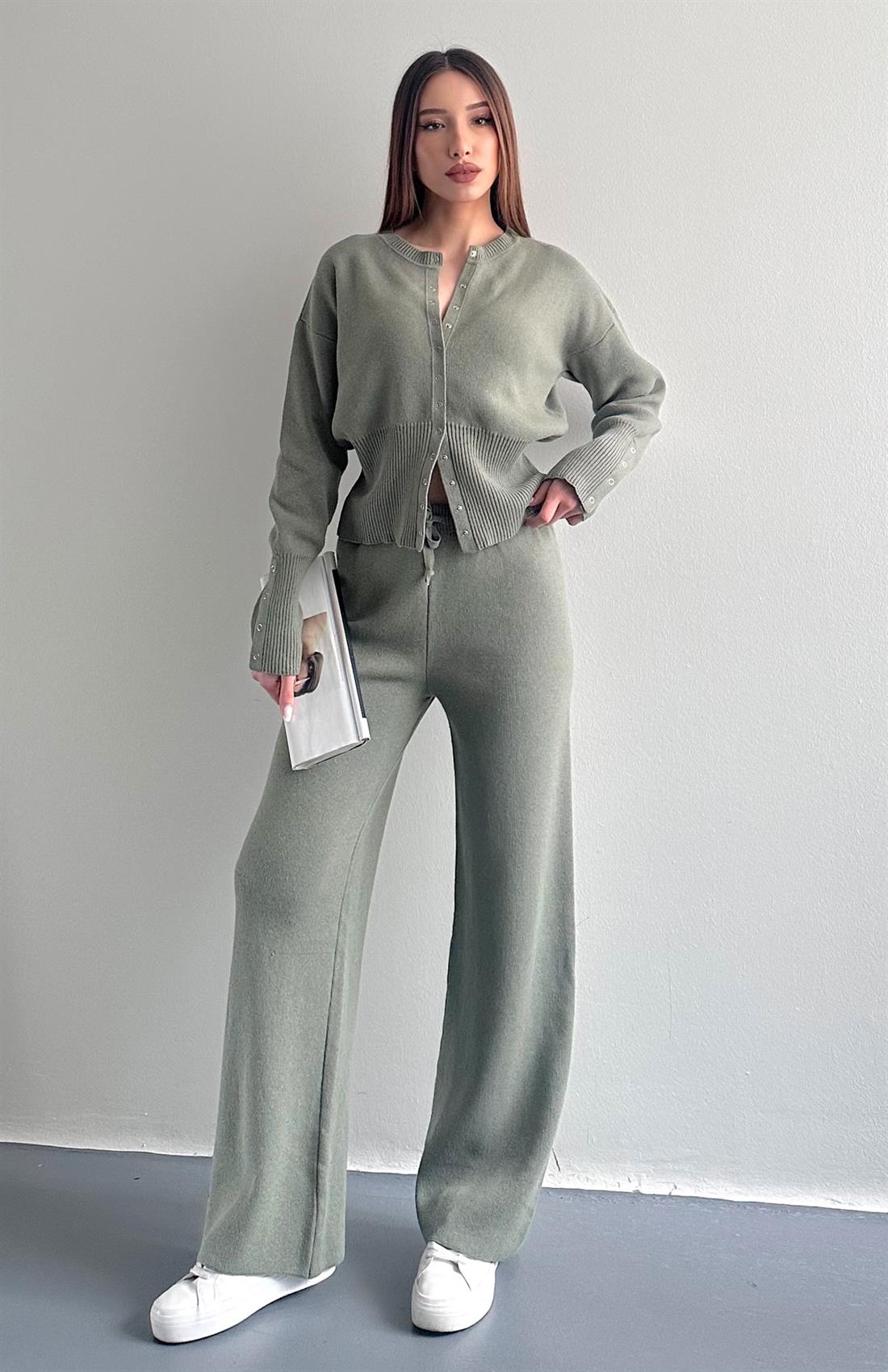 Çıtçıtlı Slim Kesim Pantolonlu Triko Takım HAKİ