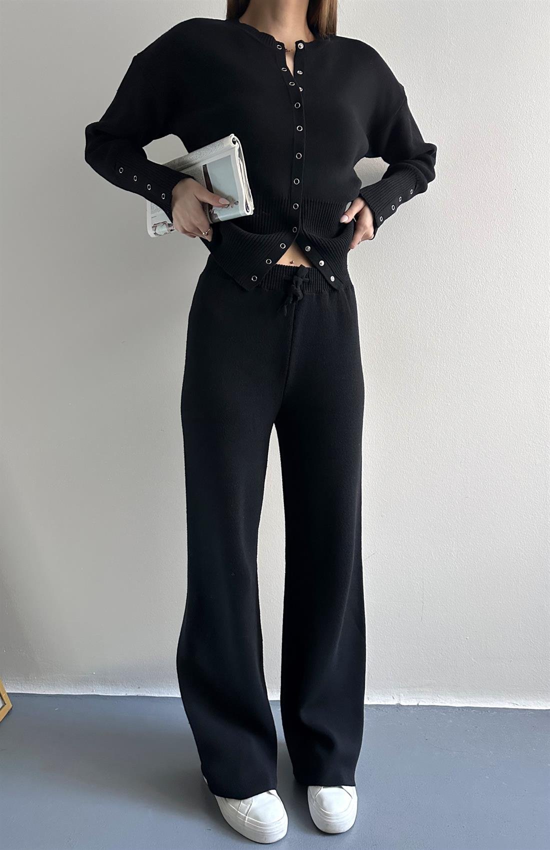 Çıtçıtlı Slim Kesim Pantolonlu Triko Takım SİYAH