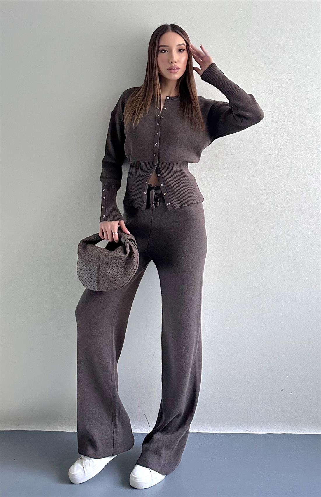 Çıtçıtlı Slim Kesim Pantolonlu Triko Takım KAHVERENGİ