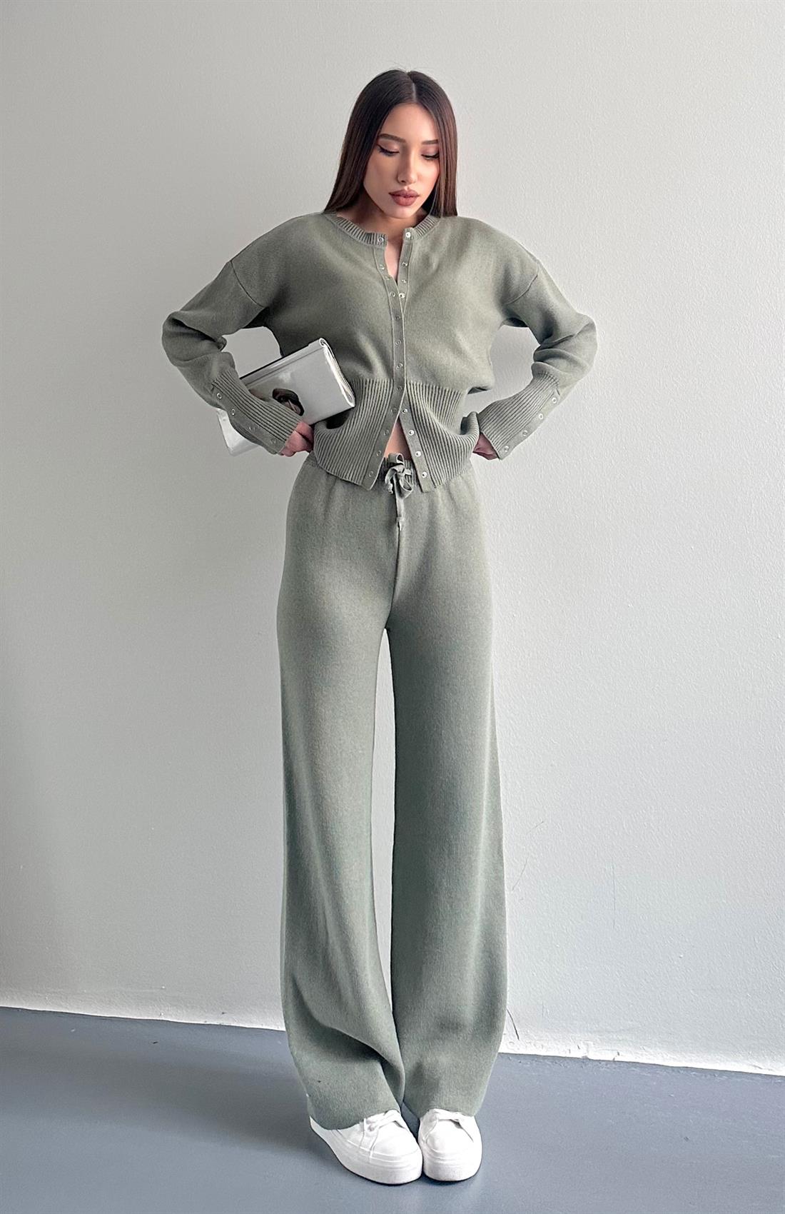 Çıtçıtlı Slim Kesim Pantolonlu Triko Takım HAKİ