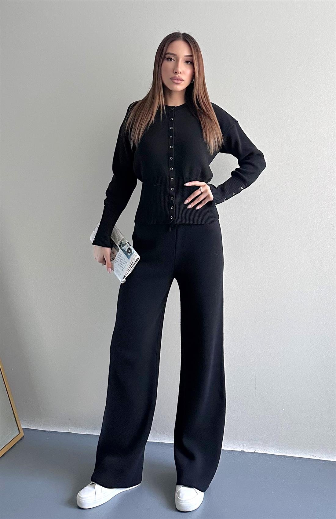 Çıtçıtlı Slim Kesim Pantolonlu Triko Takım SİYAH