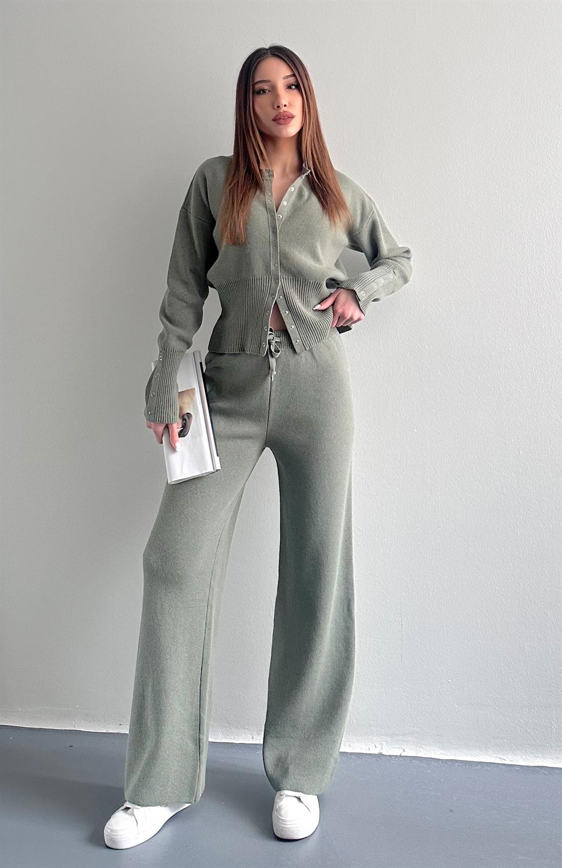 Çıtçıtlı Slim Kesim Pantolonlu Triko Takım HAKİ