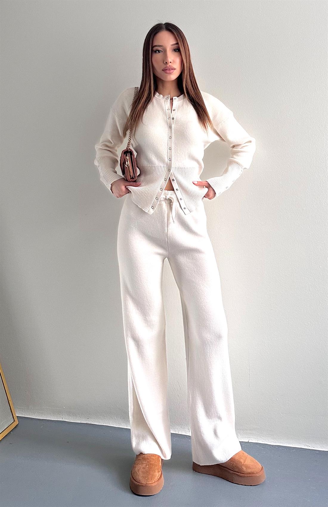 Çıtçıtlı Slim Kesim Pantolonlu Triko Takım EKRU