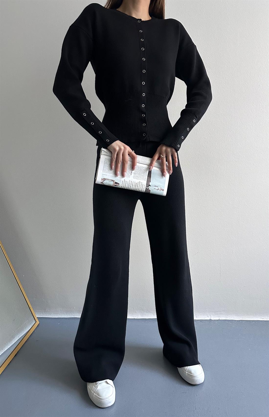 Çıtçıtlı Slim Kesim Pantolonlu Triko Takım SİYAH