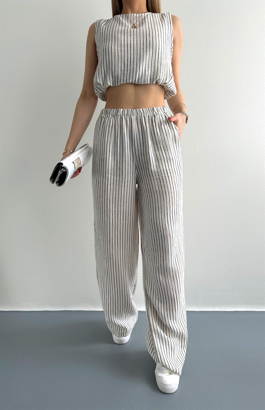 Çizgili Pantolon Keten Takım LACİVERT