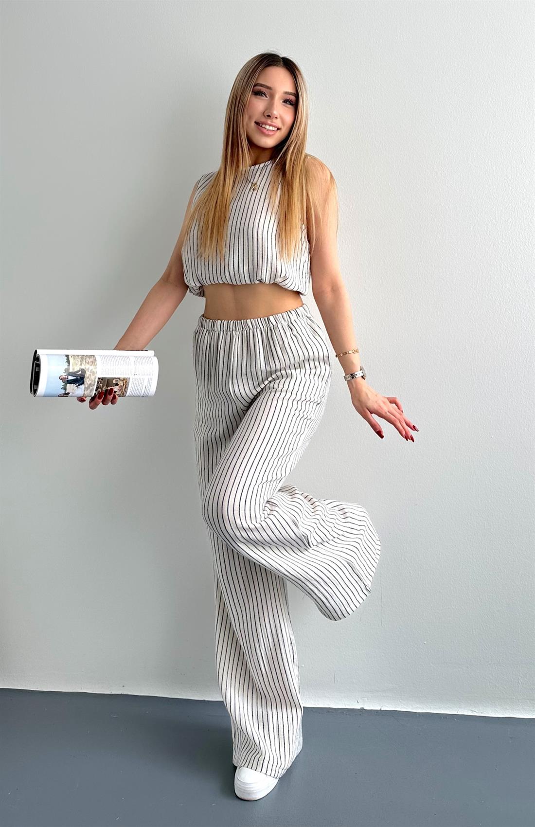 Çizgili Pantolon Keten Takım LACİVERT