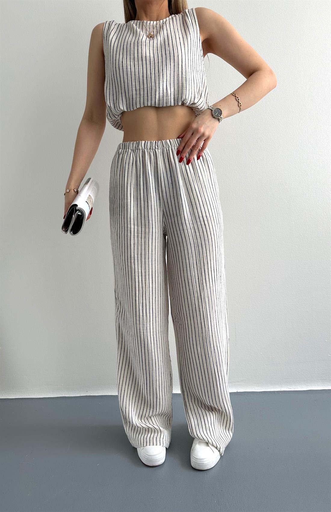 Çizgili Pantolon Keten Takım LACİVERT