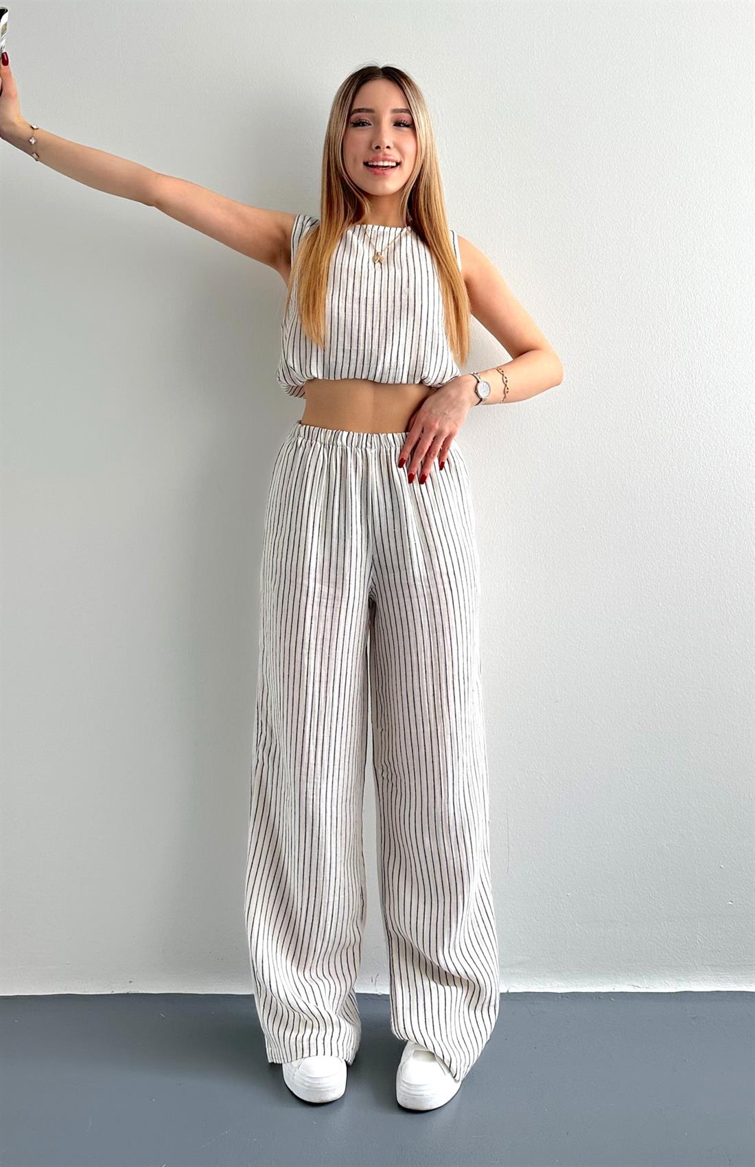 Çizgili Pantolon Keten Takım LACİVERT