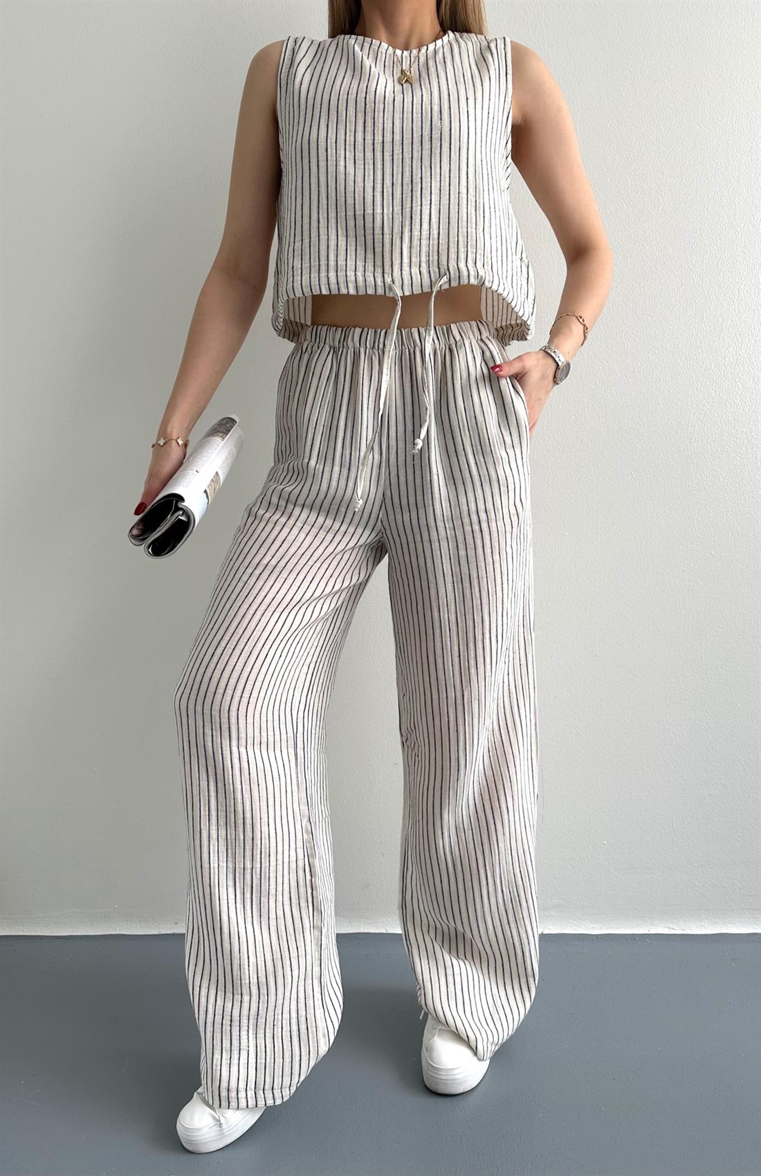 Çizgili Pantolon Keten Takım LACİVERT