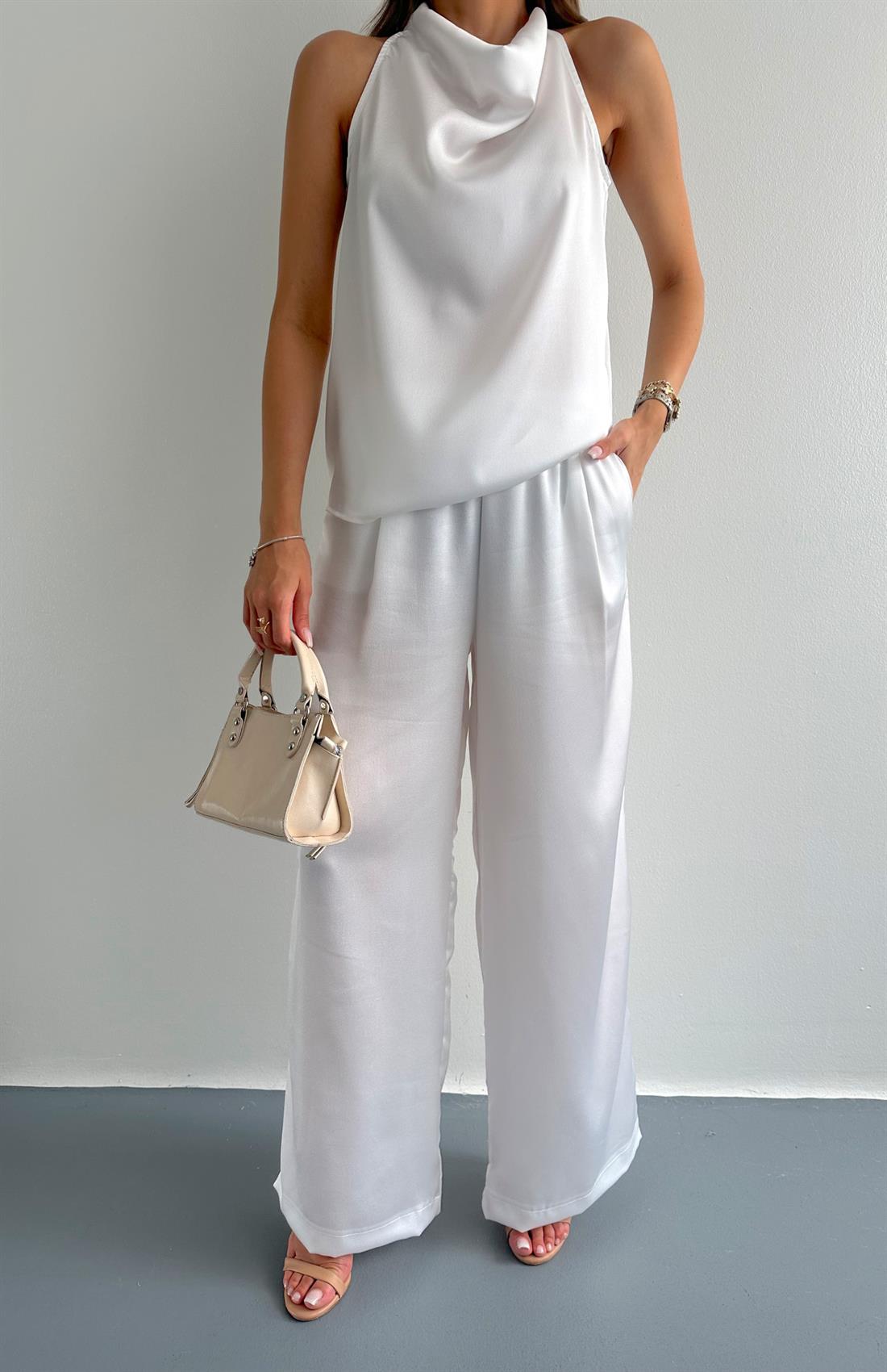 Degave Yaka Bluz Pantolon Takım BEYAZ