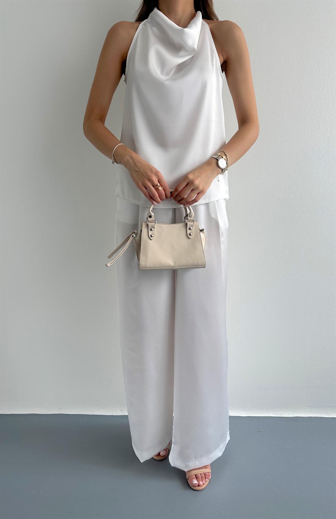 Degave Yaka Bluz Pantolon Takım BEYAZ