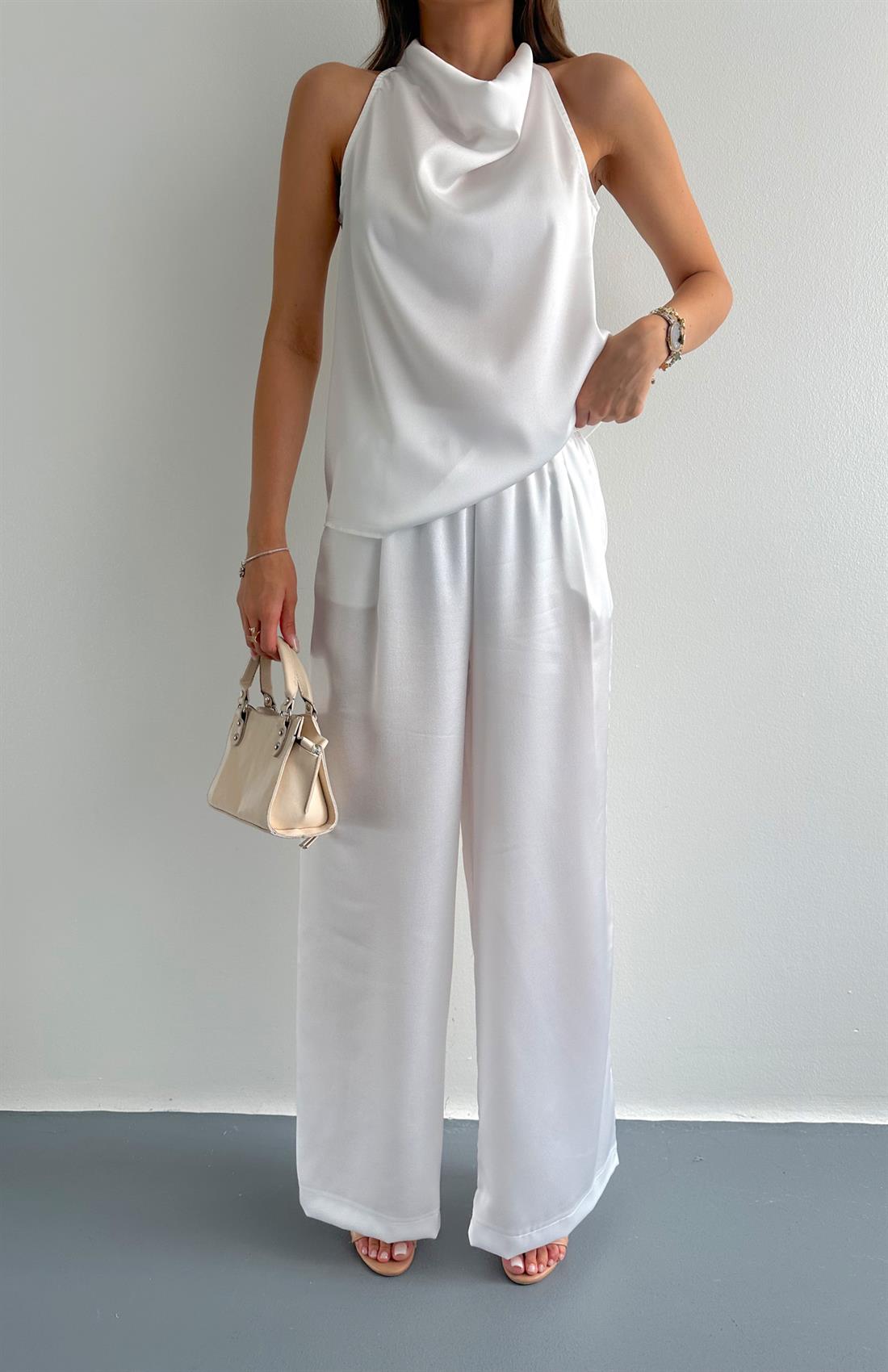 Degave Yaka Bluz Pantolon Takım BEYAZ