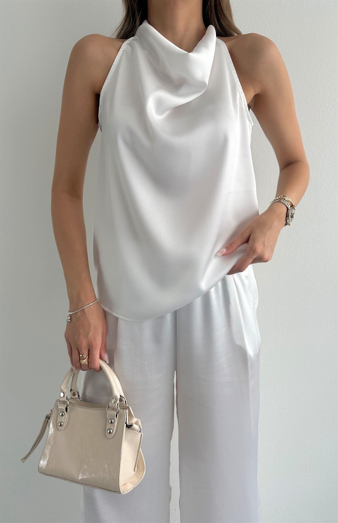 Degave Yaka Bluz Pantolon Takım BEYAZ