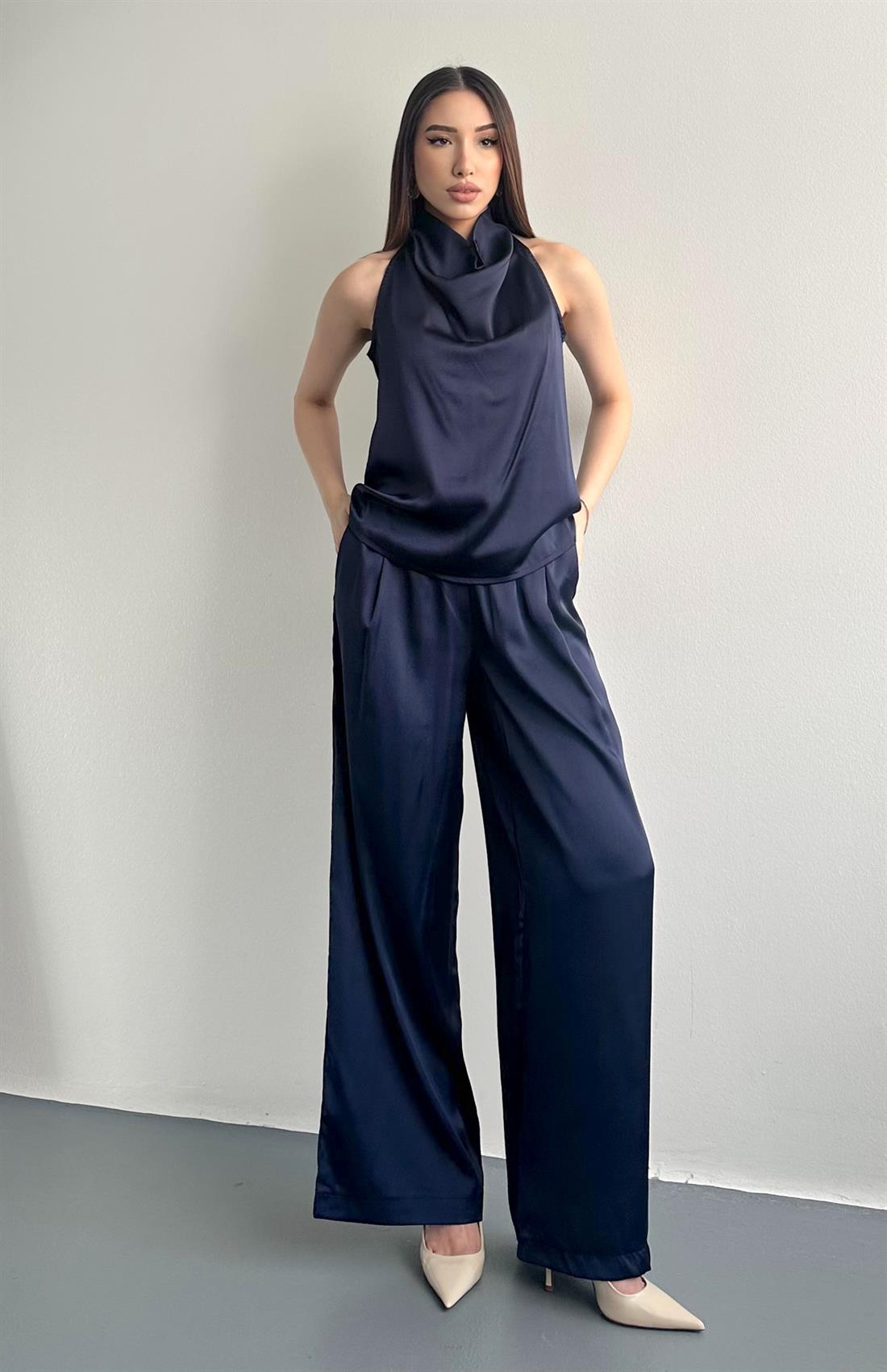 Degave Yaka Bluz Pantolon Takım LACİVERT