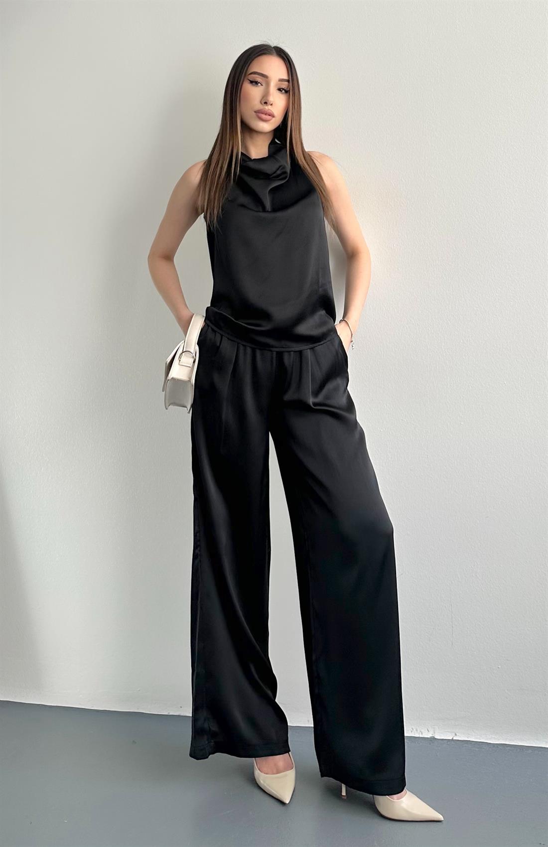 Degave Yaka Bluz Pantolon Takım SİYAH