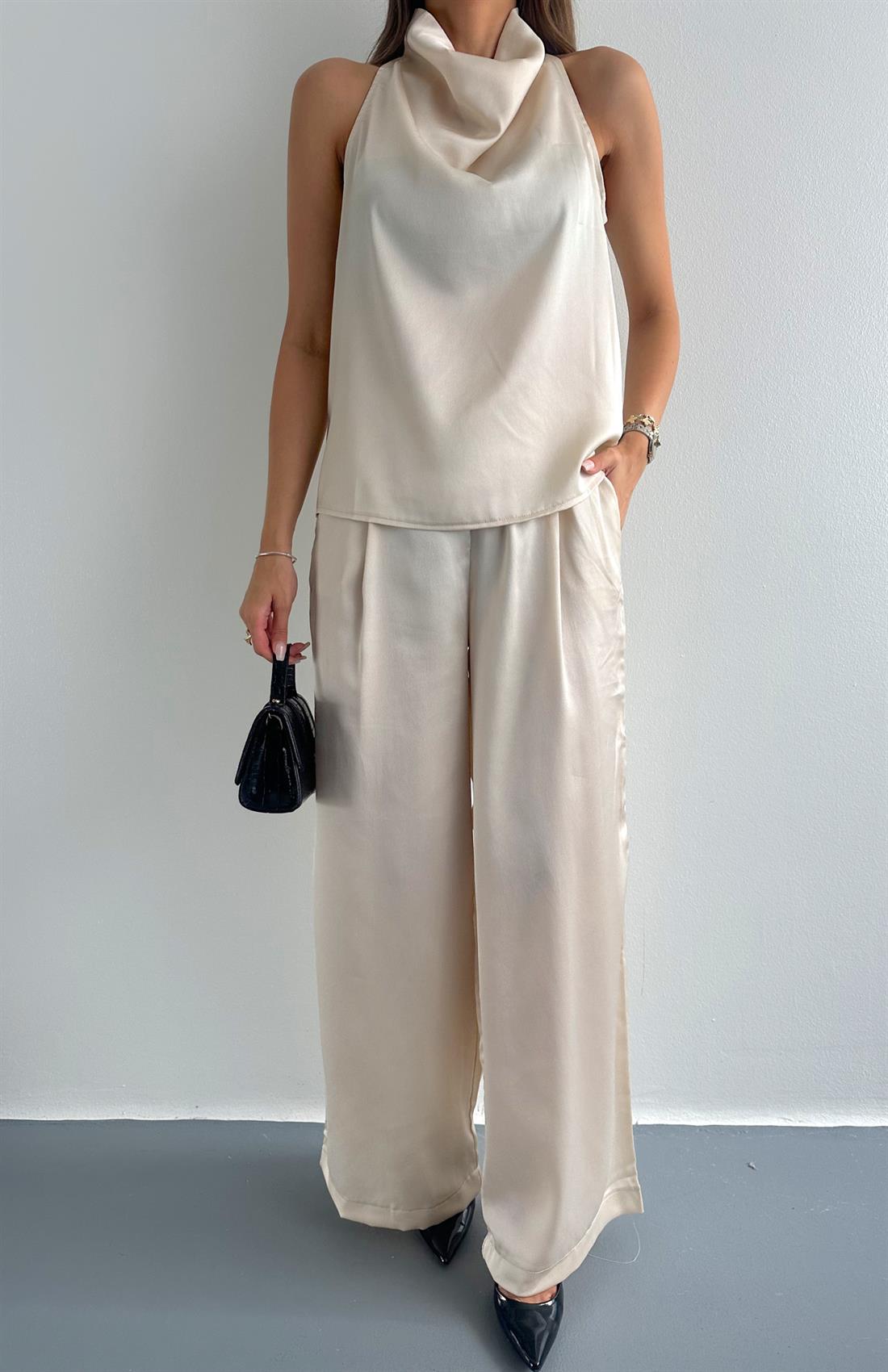 Degave Yaka Bluz Pantolon Takım TAŞ