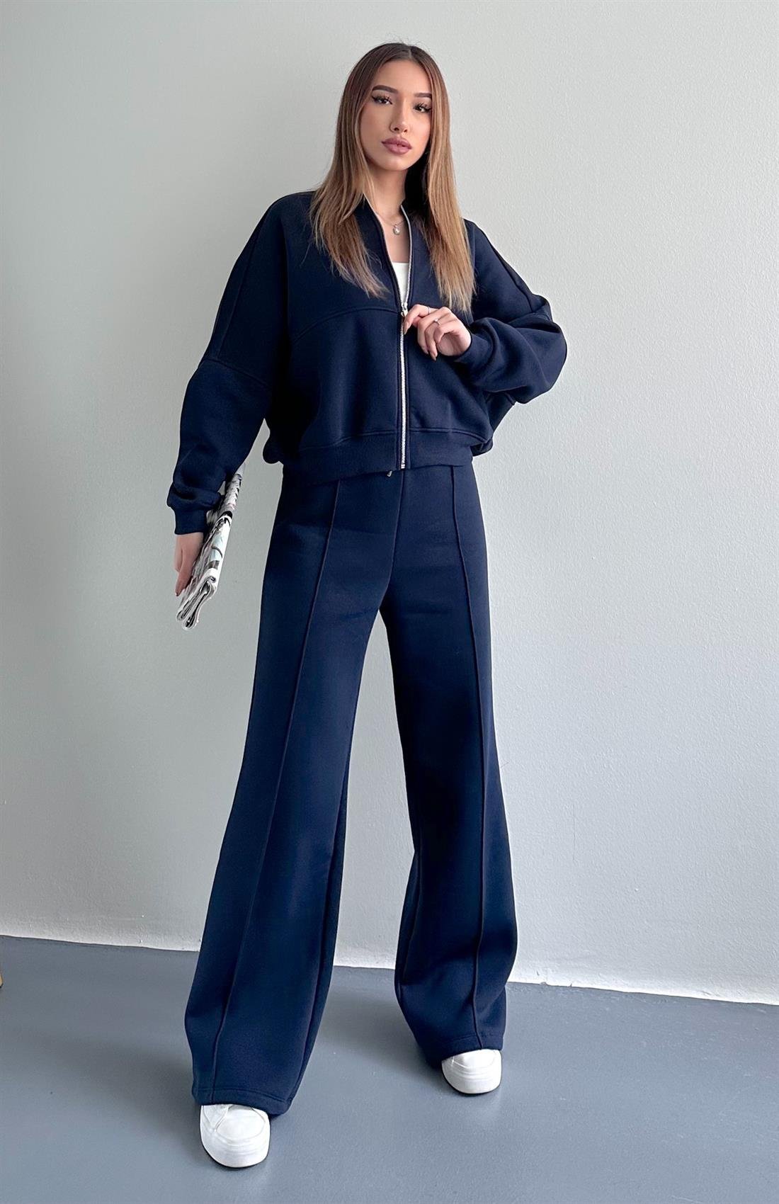 Fermuarlı Hakım Yaka Pantolonlu Eşofman Takımı LACİVERT