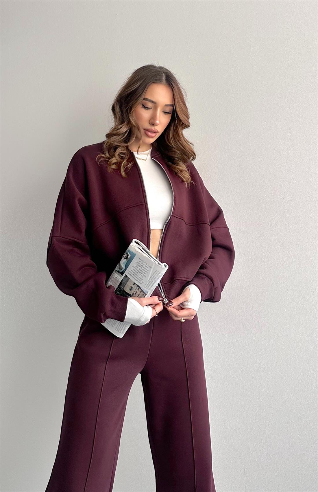 Fermuarlı Hakım Yaka Pantolonlu Eşofman Takımı MÜRDÜM