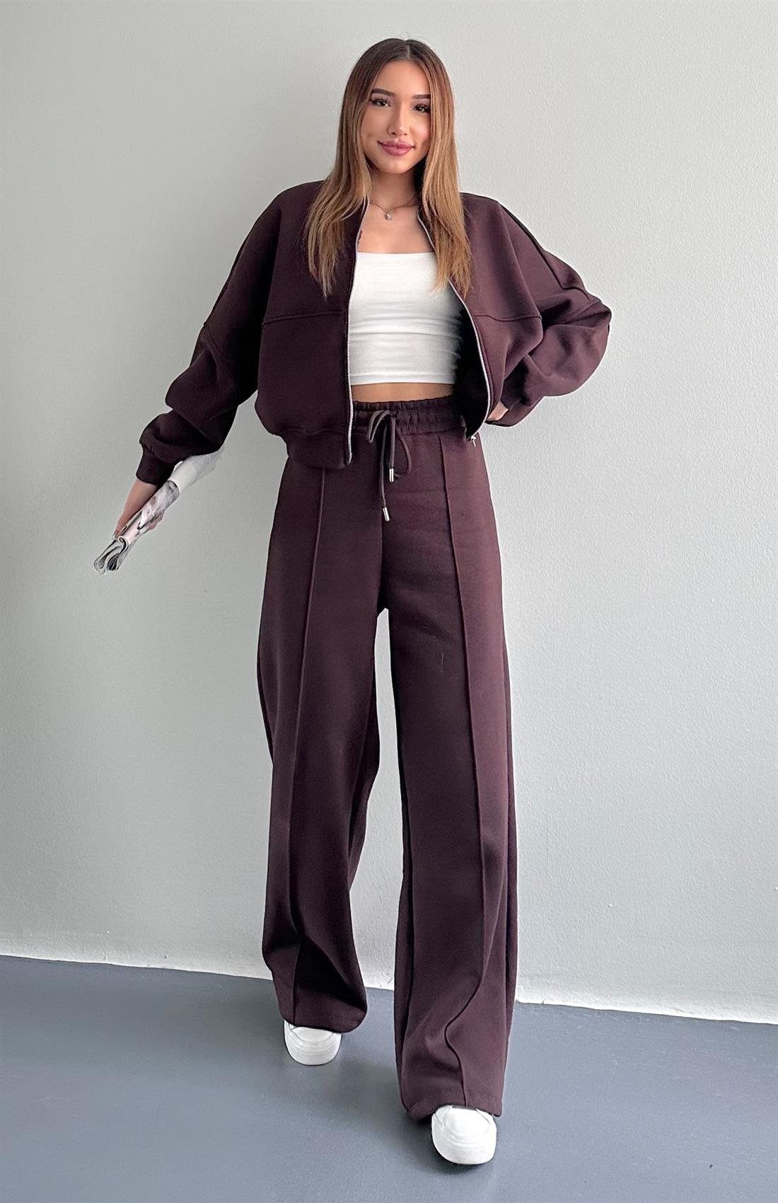 Fermuarlı Hakım Yaka Pantolonlu Eşofman Takımı KOYU KAHVE