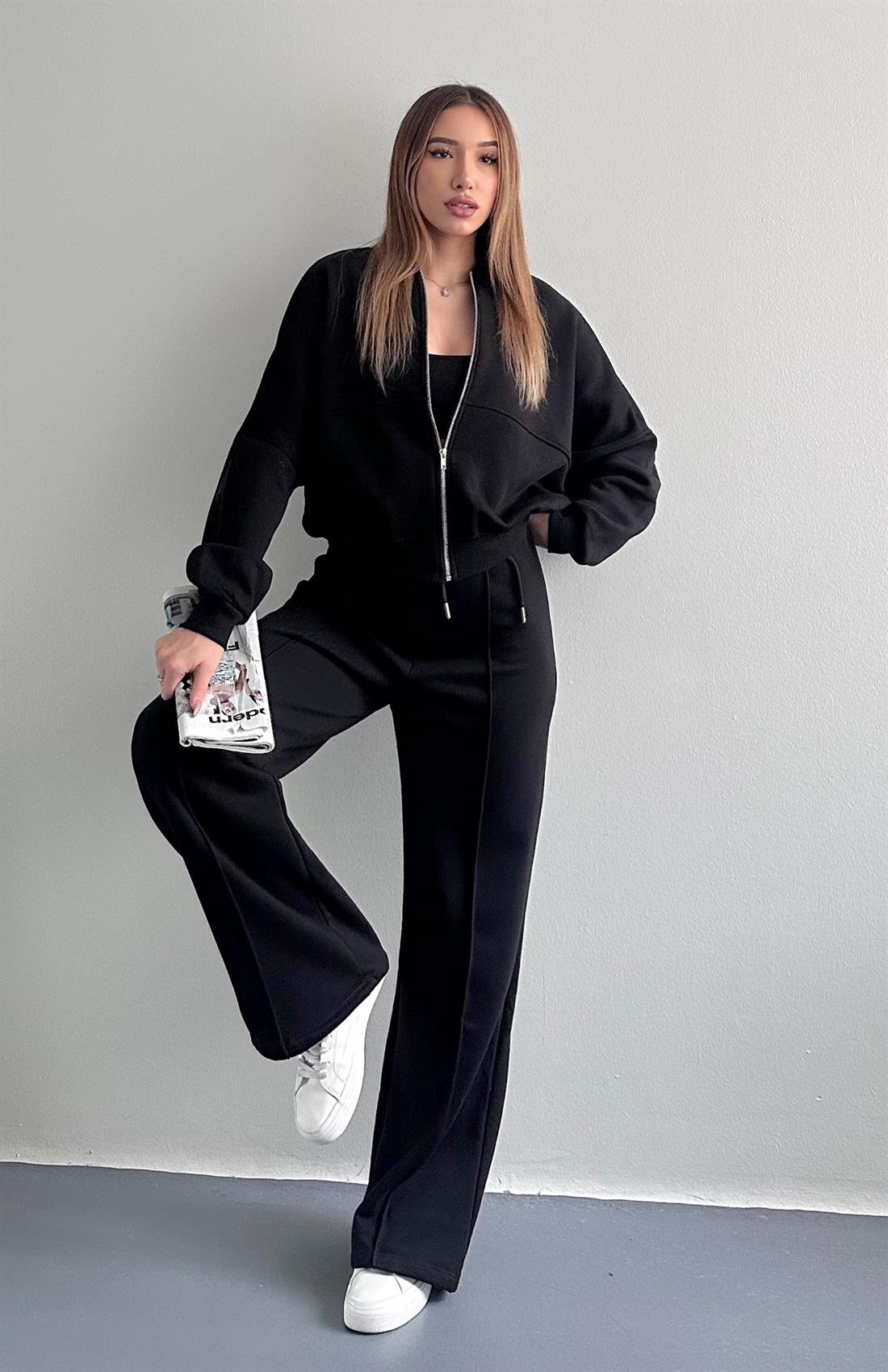 Fermuarlı Hakım Yaka Pantolonlu Eşofman Takımı SİYAH