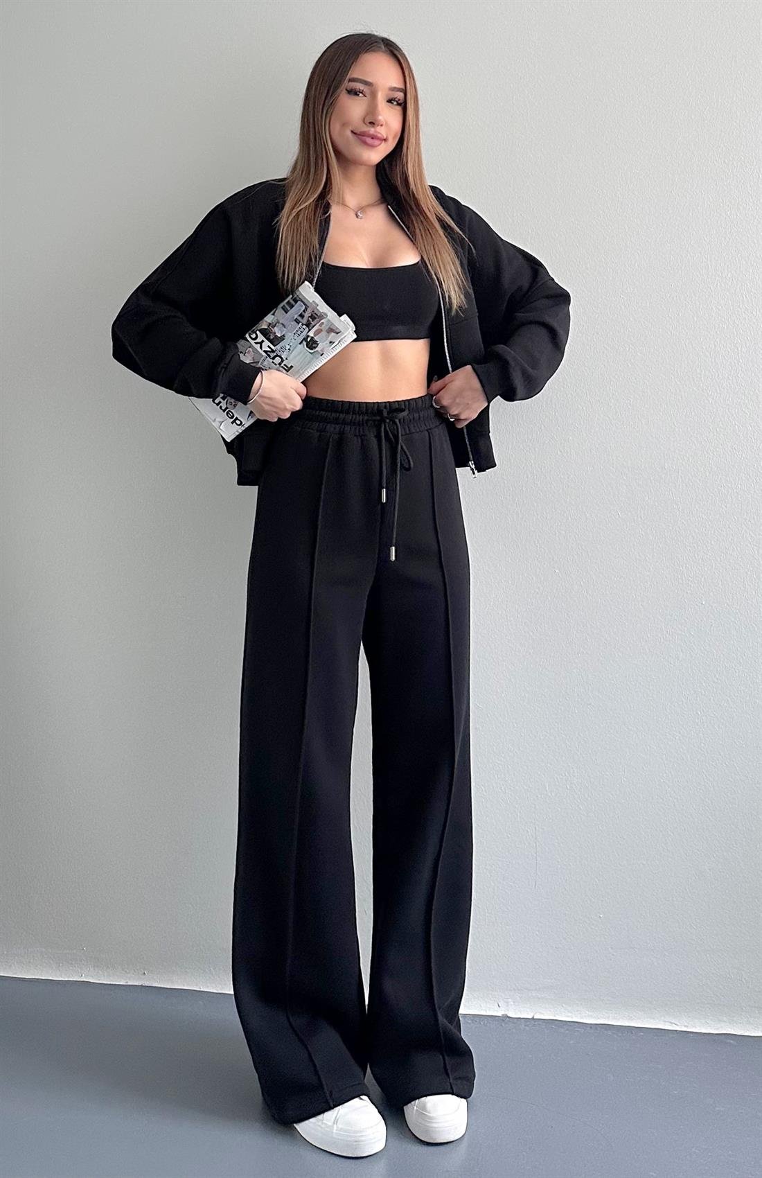 Fermuarlı Hakım Yaka Pantolonlu Eşofman Takımı SİYAH