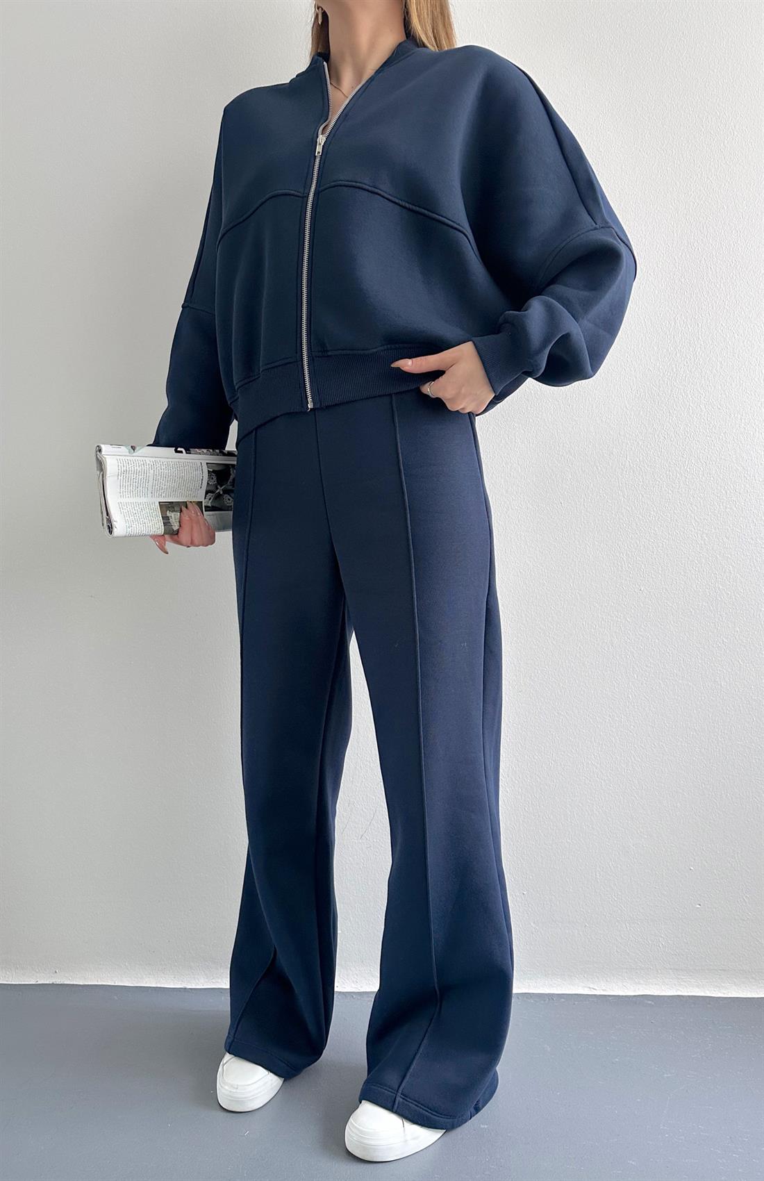 Fermuarlı Hakım Yaka Pantolonlu Eşofman Takımı LACİVERT