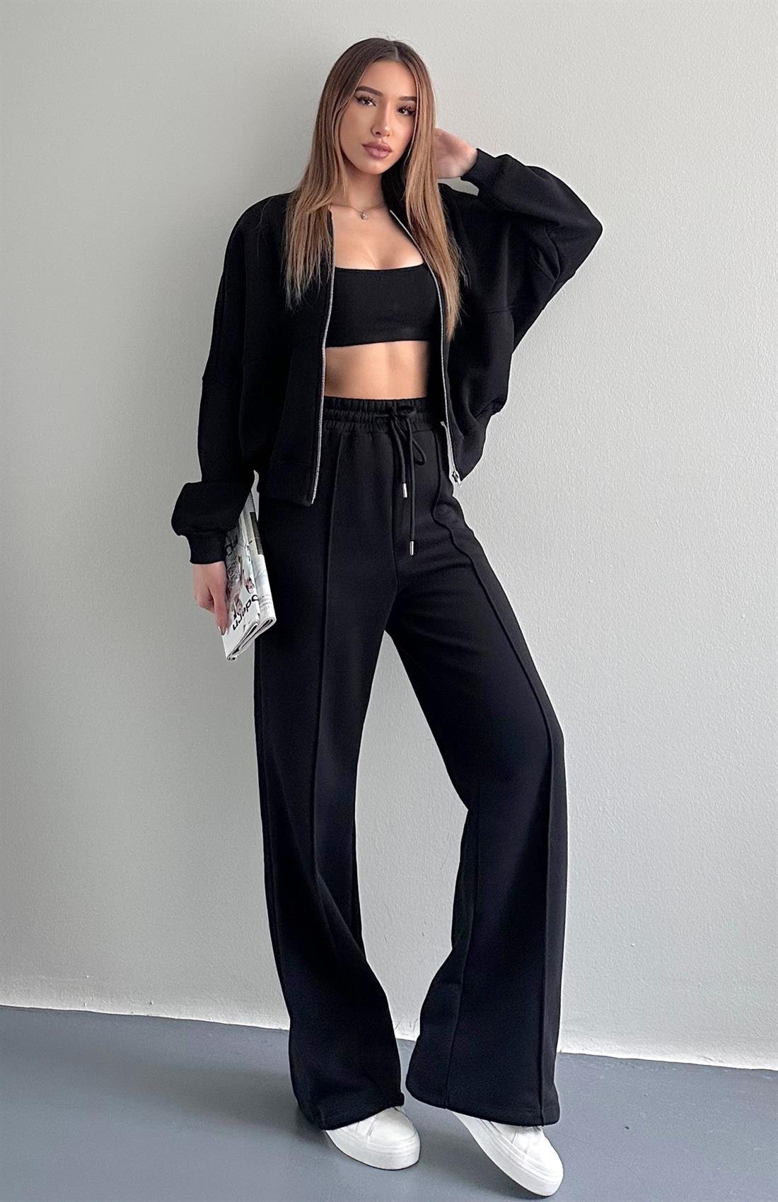 Fermuarlı Hakım Yaka Pantolonlu Eşofman Takımı SİYAH