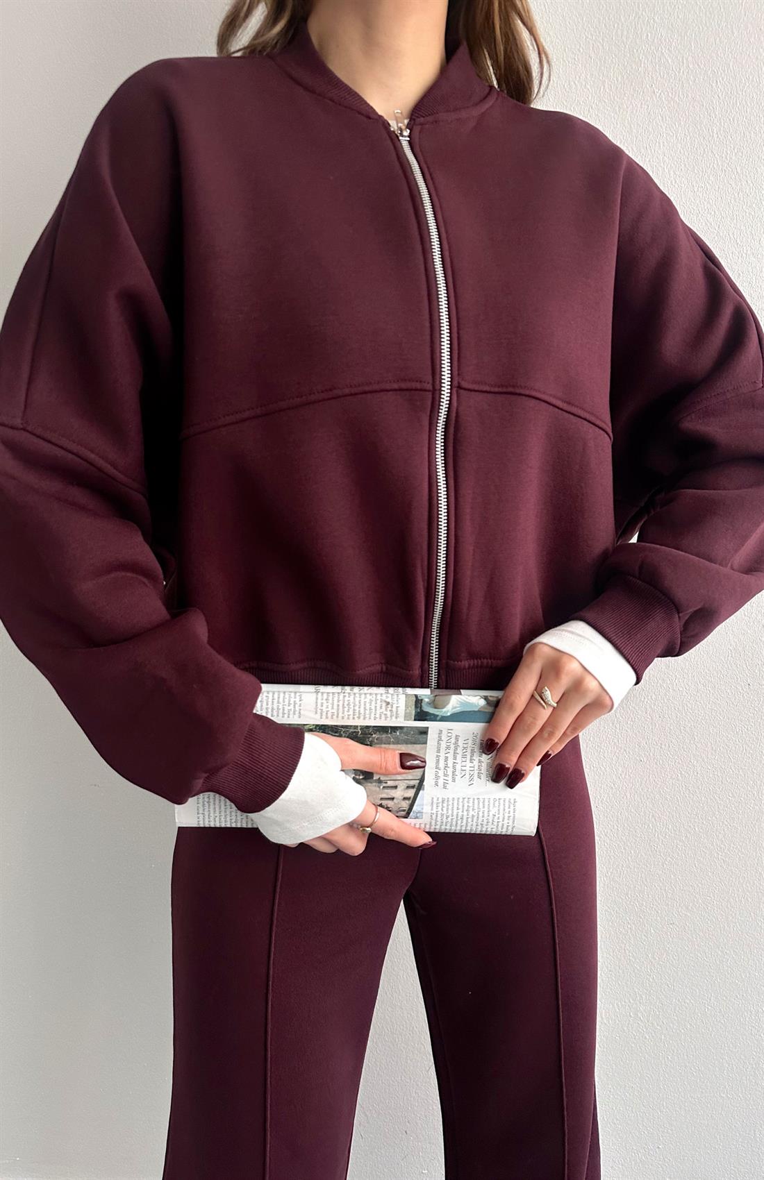 Fermuarlı Hakım Yaka Pantolonlu Eşofman Takımı MÜRDÜM